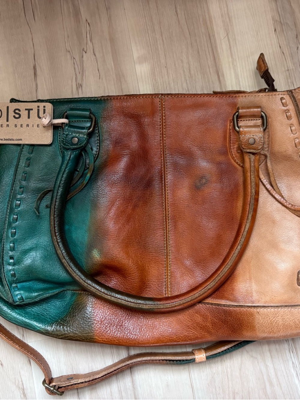 BED|STU Three-Tone Aqua/Green and Brown Leather Tote